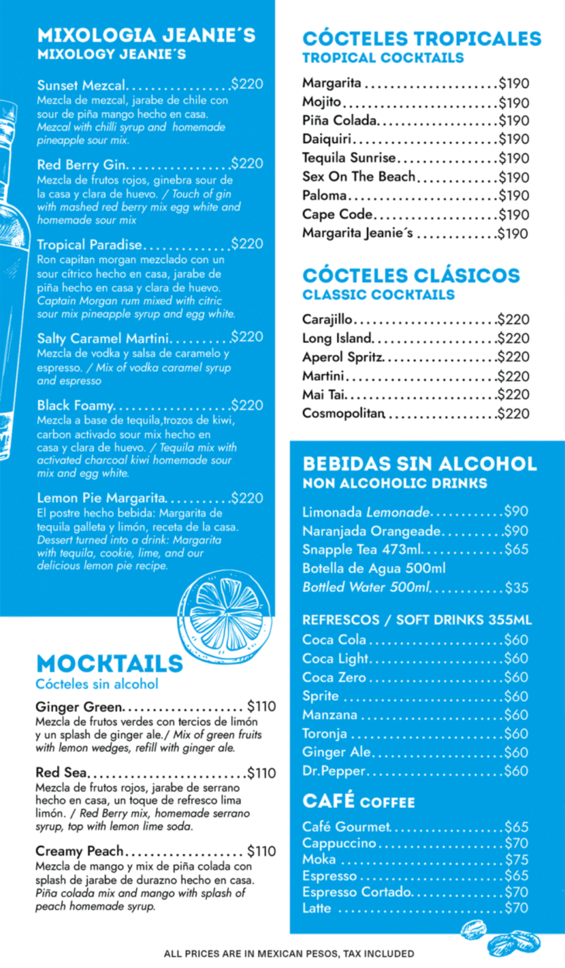 Jeanie's Cozumel menu