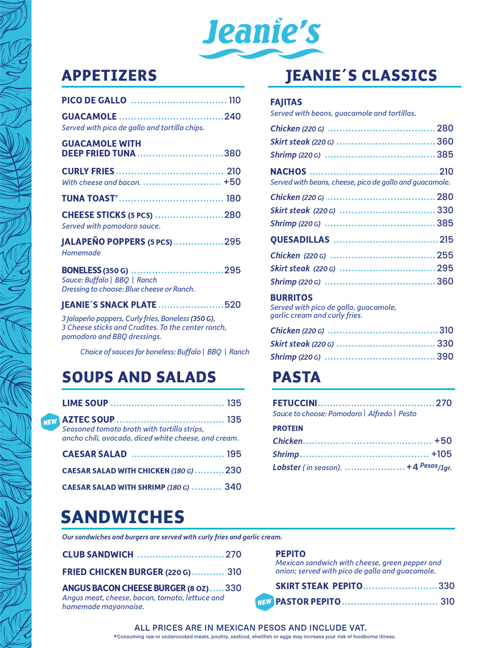 Jeanie's Cozumel menu