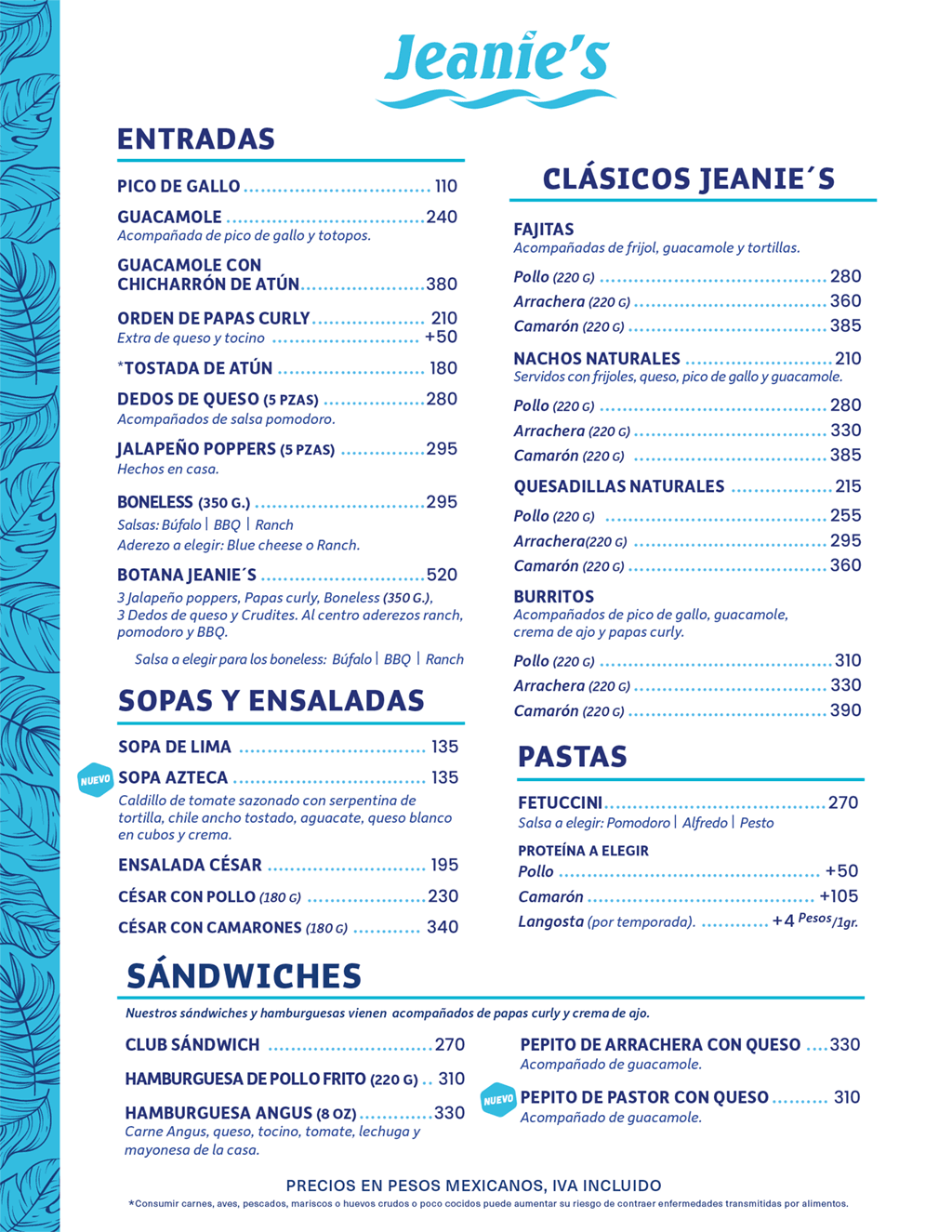 Jeanie's Cozumel menu